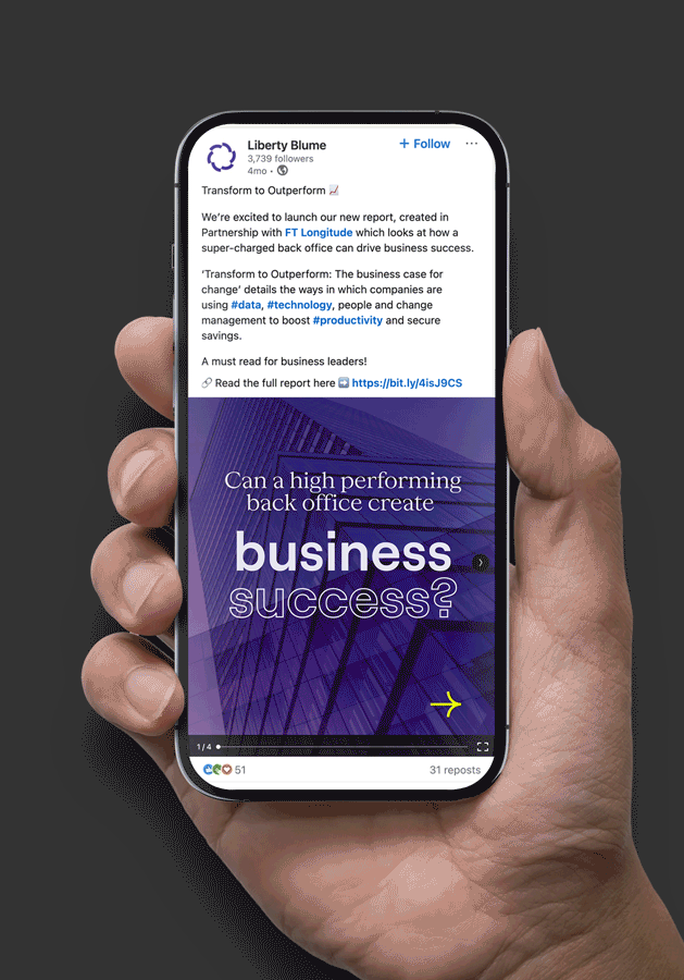 Hand holding smartphone displaying Liberty Blume transformation report on LinkedIn