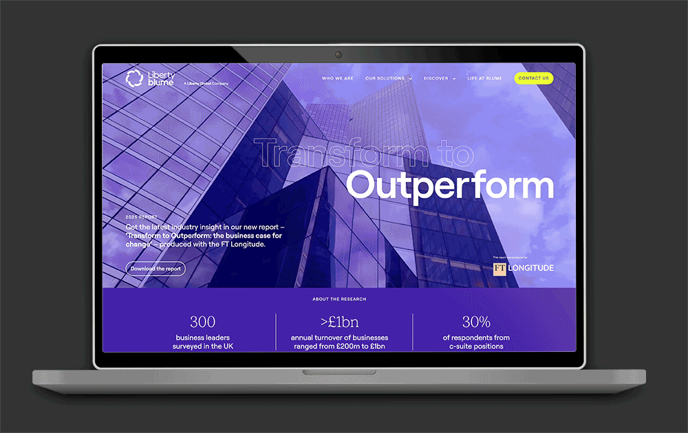 Laptop showing Liberty Blume Transform to Outperform campaign landing page