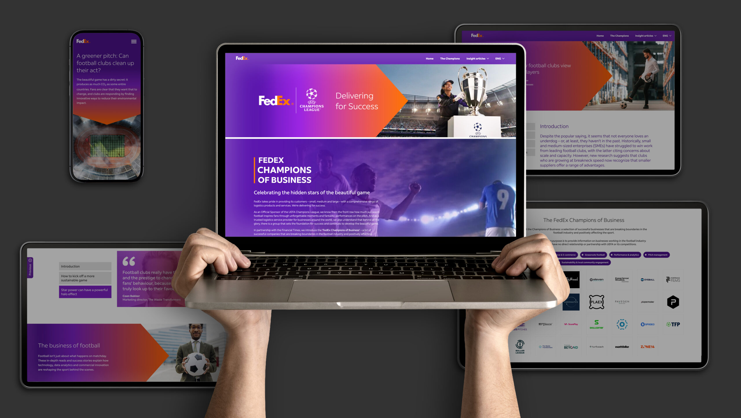 FedEx Champions of Business campaign displayed across laptop, tablet, and mobile devices, highlighting a responsive digital experience tied to UEFA Champions League.