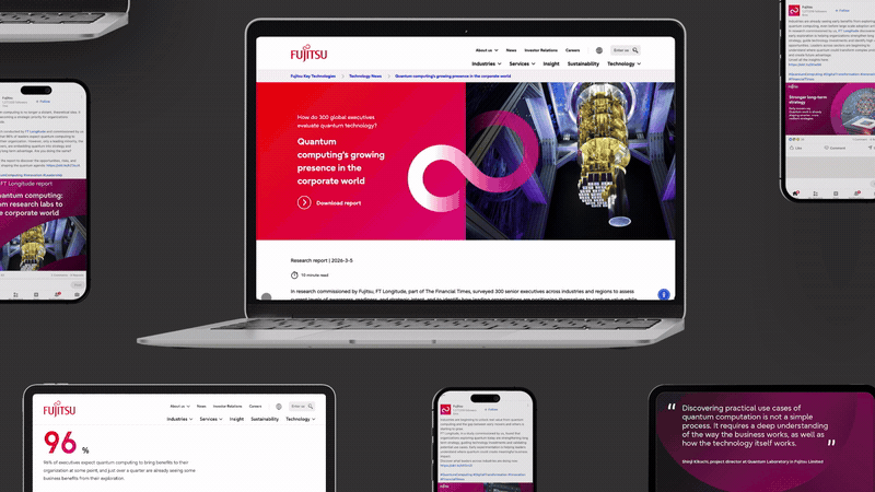 Fujitsu Quantum computing research campaign displayed across a laptop, mobile devices and digital marketing assets.