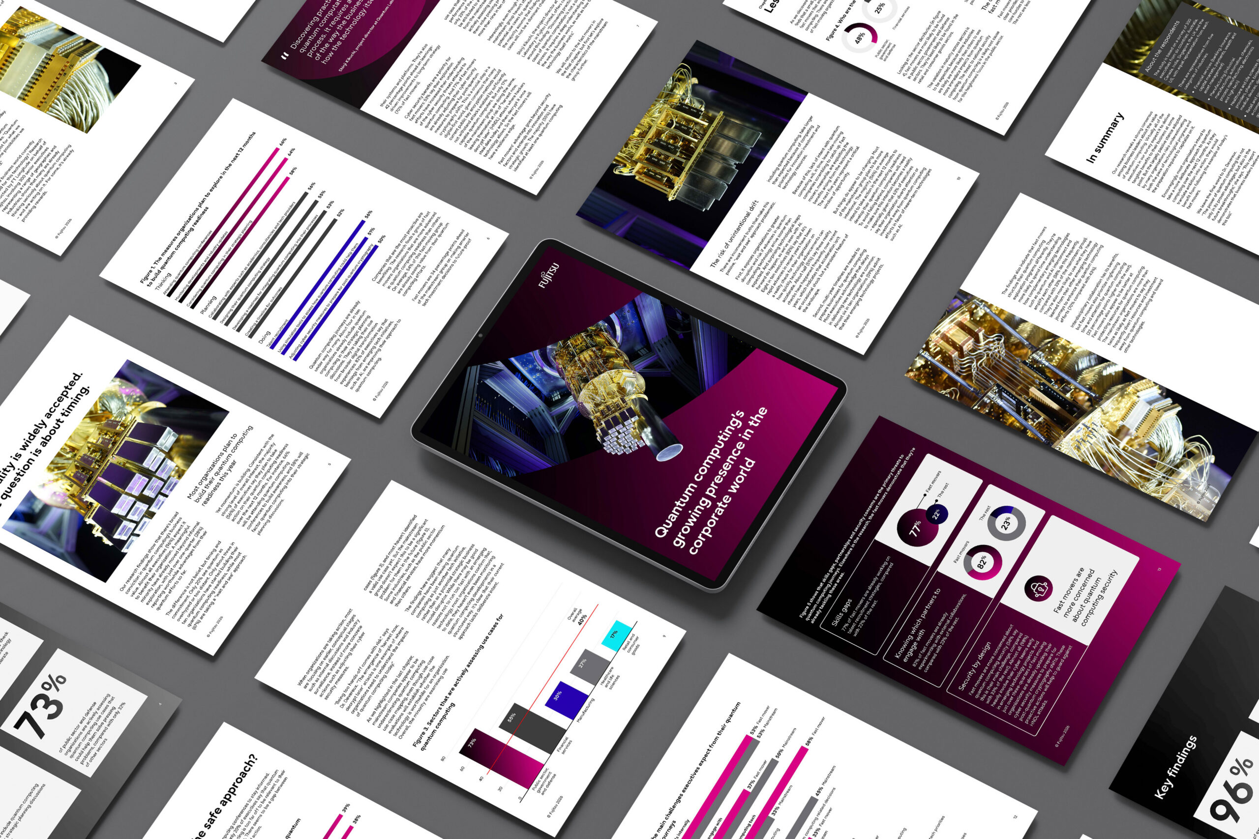 Fujitsu Quantum research report displayed across multiple pages, featuring quantum computing imagery, business insights and survey findings.