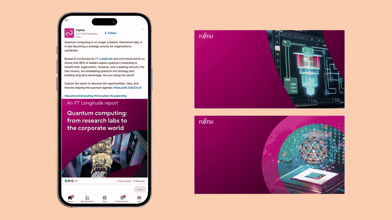 Fujitsu Quantum computing campaign showcased through LinkedIn posts and digital graphics promoting research into business readiness